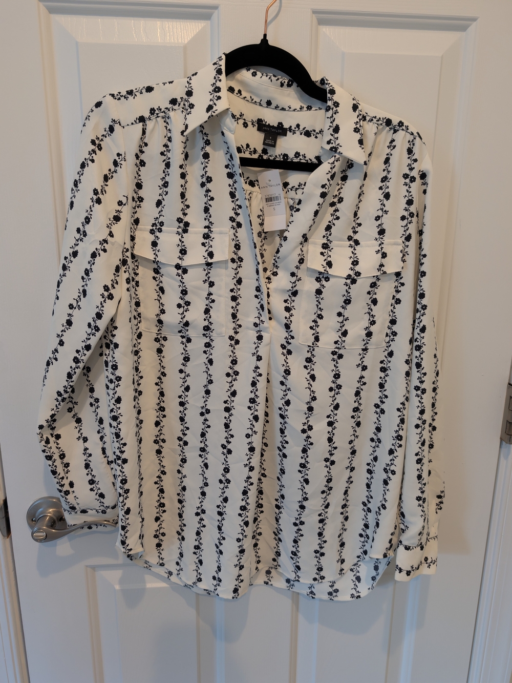 Ann Taylor White Button-Down Blouse with Navy Floral Stripe